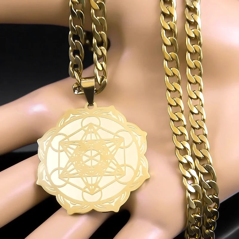 Lotus Steel Pendant Sacred Geometry Metatron Cube