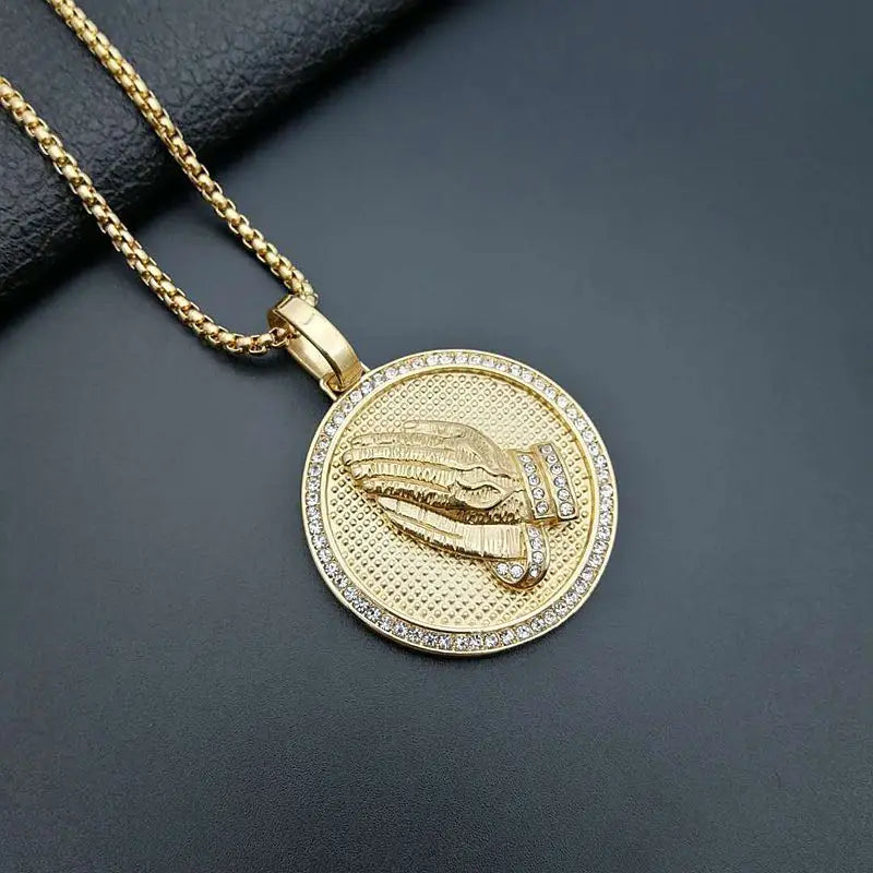 Micro Paved AAA CZ Stone Bling Praying Hand Round Pendant Necklace Gold Color 316L Stainless Steel Men Hip Hop Rock Jewelry