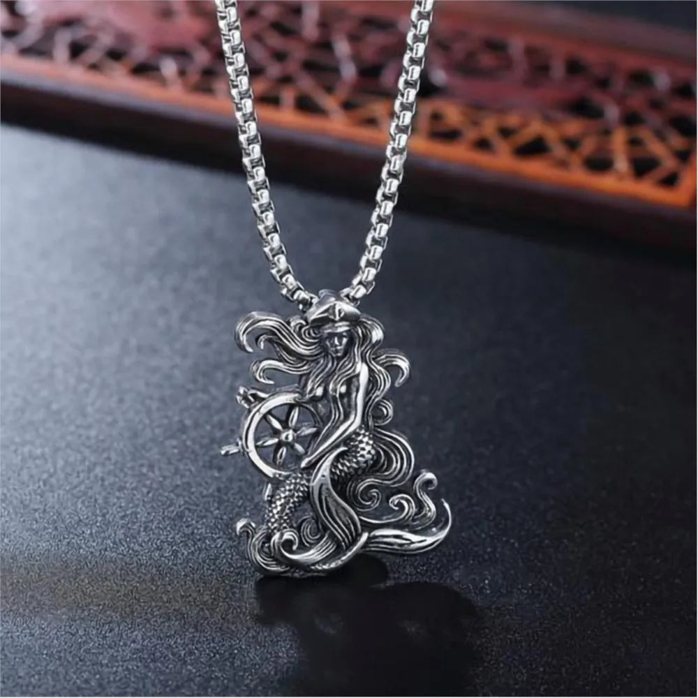 Silver Mermaid Pendant Necklace Stainless Steel