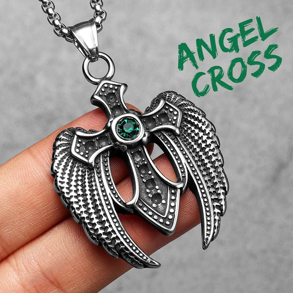 Angel Wing Cross Pendant — Stainless Steel
