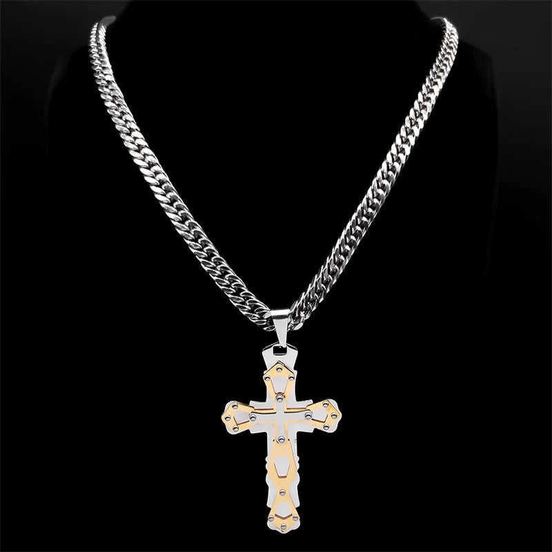 Cross Jesus Crucifix Two-Tone Pendant Layered