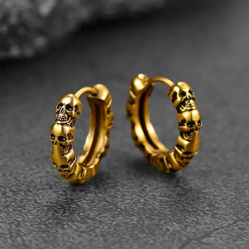 Stacked Skull Hoop Earrings Huggie Circle — Silver-Tone