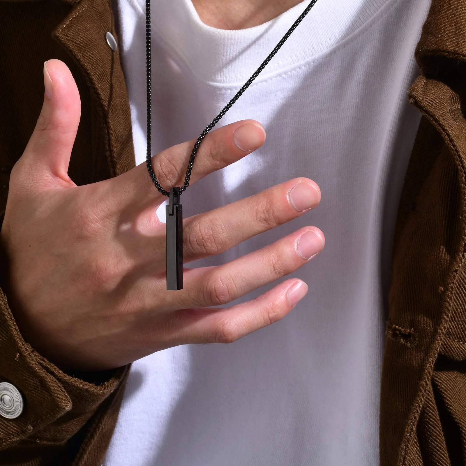 3D Bar Box Chain Pendant Necklace — Stainless Steel