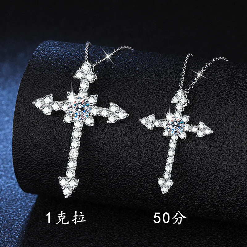 Women's PT950 Platinum Necklace - Full-Diamond Cross Moissanite Design, 50 Points & 1 Carat Options, Elegant Daily
