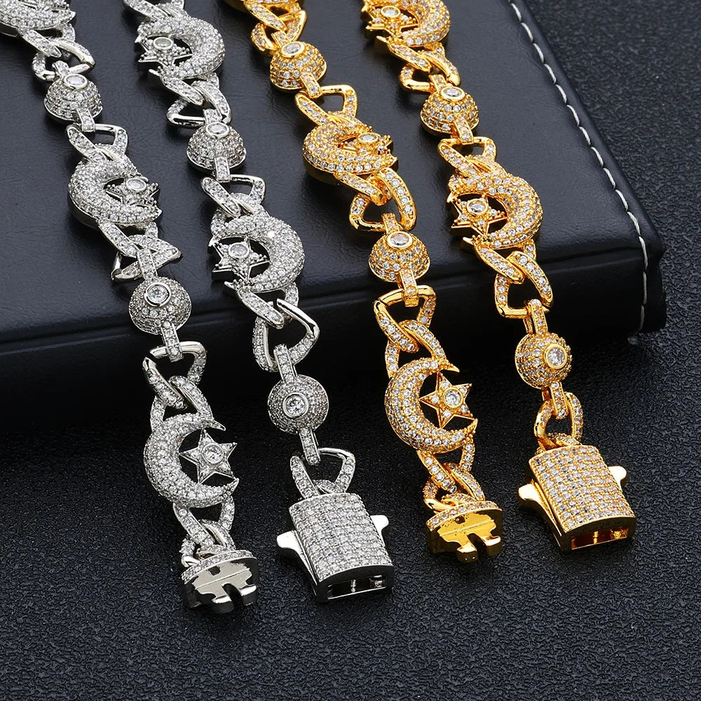 Iced Out Star Cuban Chain Necklace Moon CZ