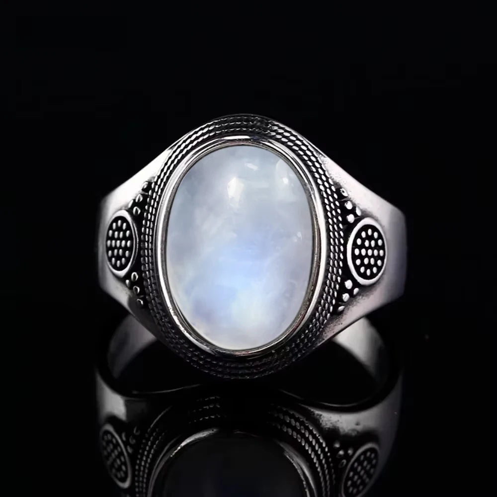 Vintage 925 Sterling Silver Ring Natural Moonstone Ring 10*14mm Oval Large Stone Retro Fine Jewelry Gift For Men