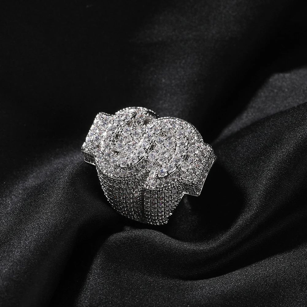 THE BLING KING Icy Dollar Sign Ring For Men Full Micro Paved 5A+ Cubic Zirconia Money Charm Punk Rock Finger Accessories Rapper