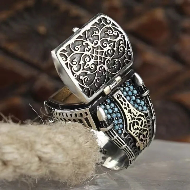 European and American new fashion armor shield shape retro engraved flip men's ring