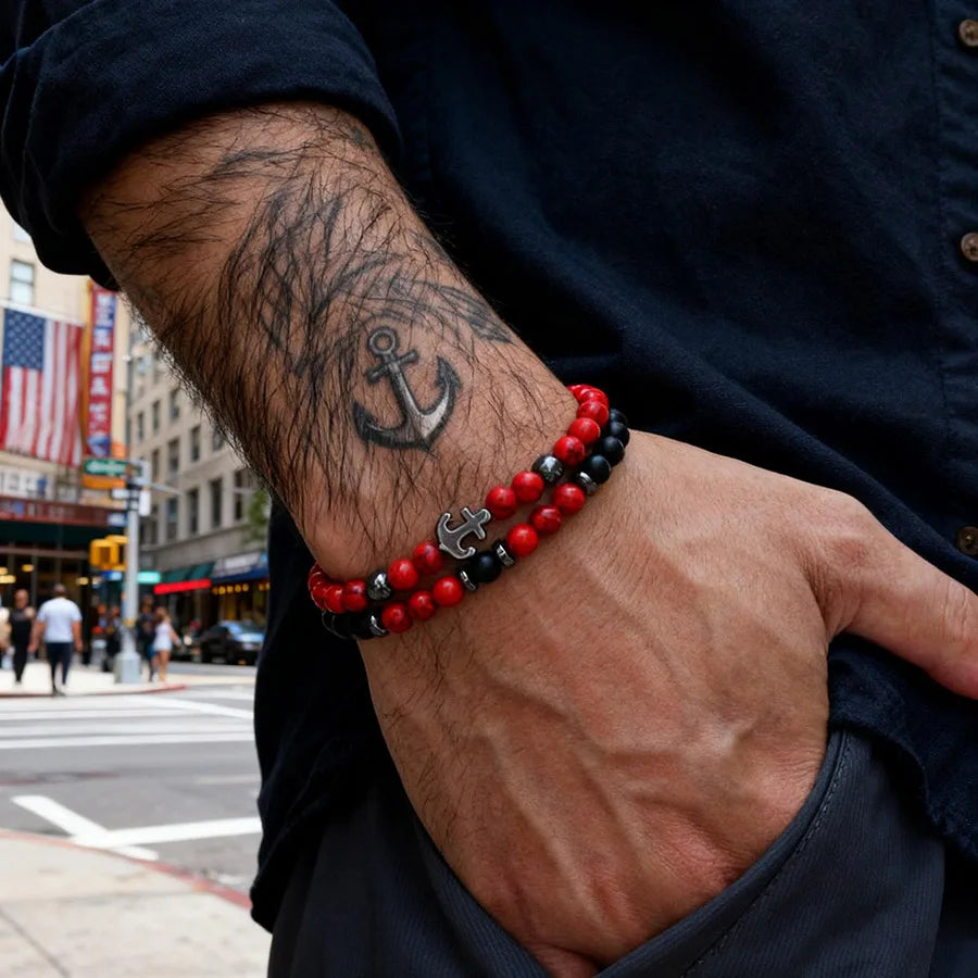 Cool 2Pcs/Set Anchor Stone Bracelet Man Howlite Obsidian Tiger Eyes Grade A Beaded Strand Braslet Fashion Boyfriend