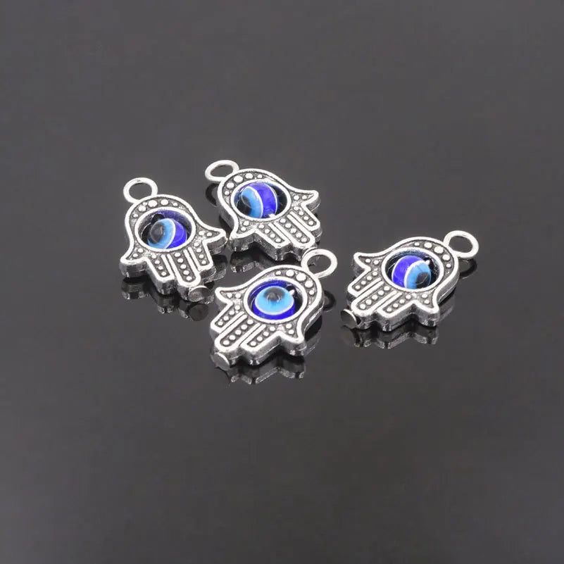 10Pcs Antique Silver Color Hamsa Fatima Hand Charm Evil Blue Eye Bead fit Pendant Necklace Bracelet Jewelry Accessories DIY
