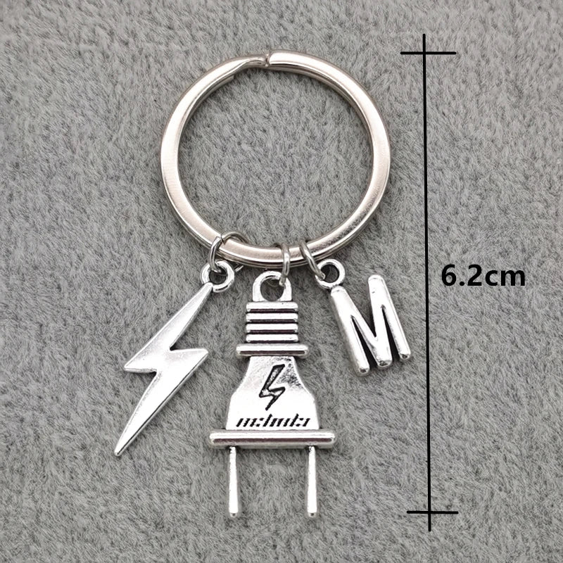 Fashion A-Z Letter Charm Lightning Bolt Plug Electrician Keychain for Electrical Worker Bag Car Keyring Gifts