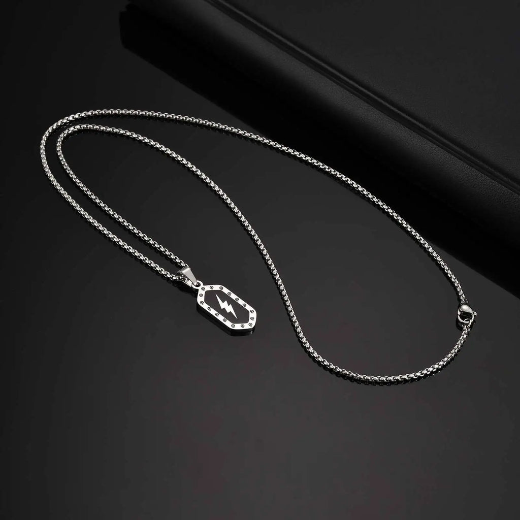 Stylish Lightning Pattern Necklace for Men,Black Enamel Hexagonal Stainless Steel Pendant,Punk Jewelry Gift for Him