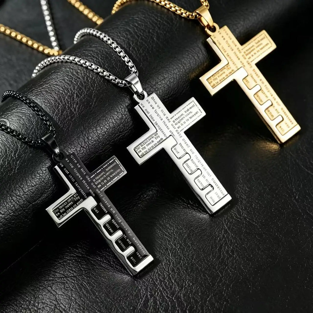 HNSP Stainless Steel Splice Bible Cross Pendant Necklace For Men Religion Christian Jewelry Accessories