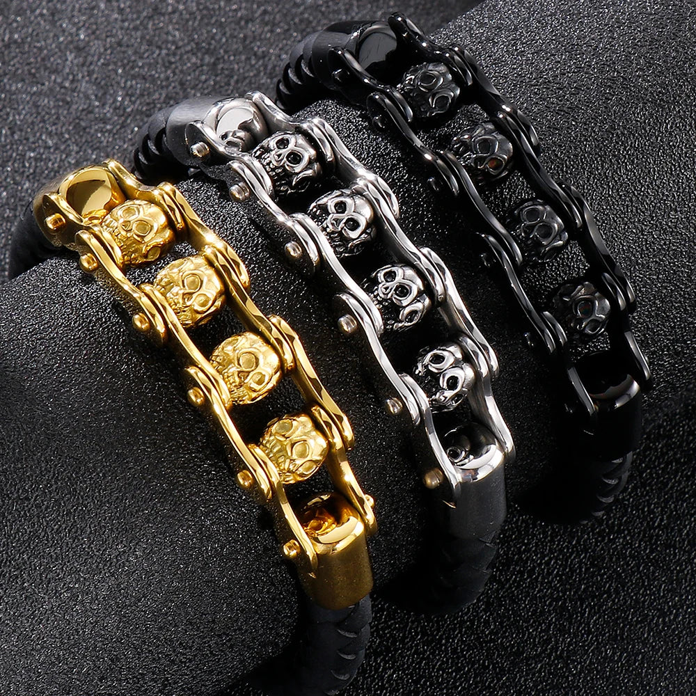 Rotatable Relieve Stress Skull Head Beads Bracelets for Man Punk Gothic Stainless Steel & Leather Motorcycle Biker