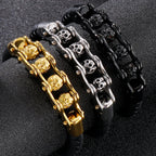 Rotatable Relieve Stress Skull Head Beads Bracelets for Man Punk Gothic Stainless Steel & Leather Motorcycle Biker
