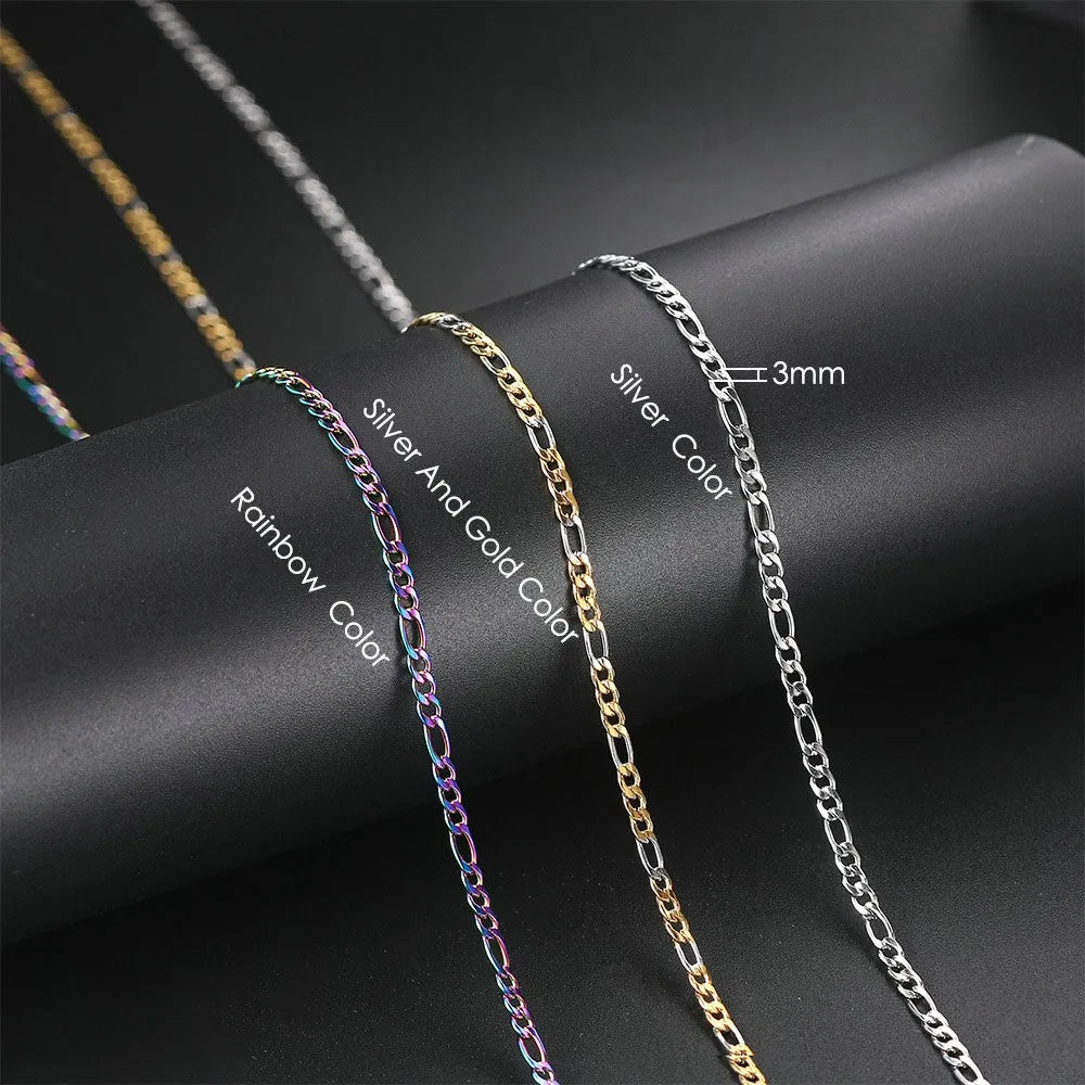 Gold Figaro Cuban Chain Necklace 3MM Stainless Steel