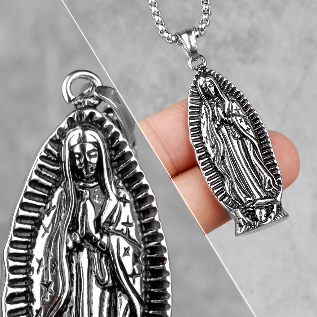 Virgin Mary Prayer Long Men Necklaces Pendants Chain Punk for Boyfriend Male Stainless Steel Jewelry Creativity Gift