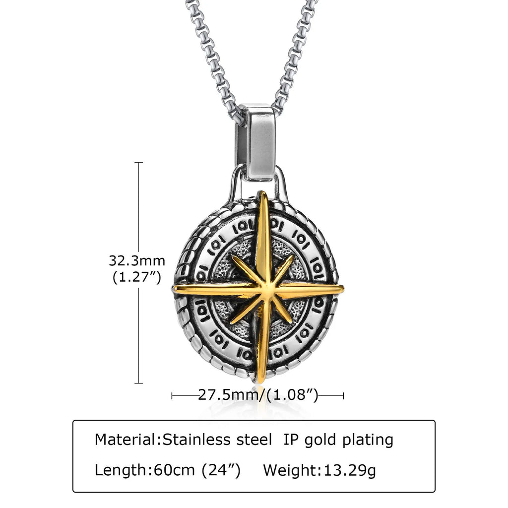 Vintage Compass Coin Pendant Necklace — Stainless Steel
