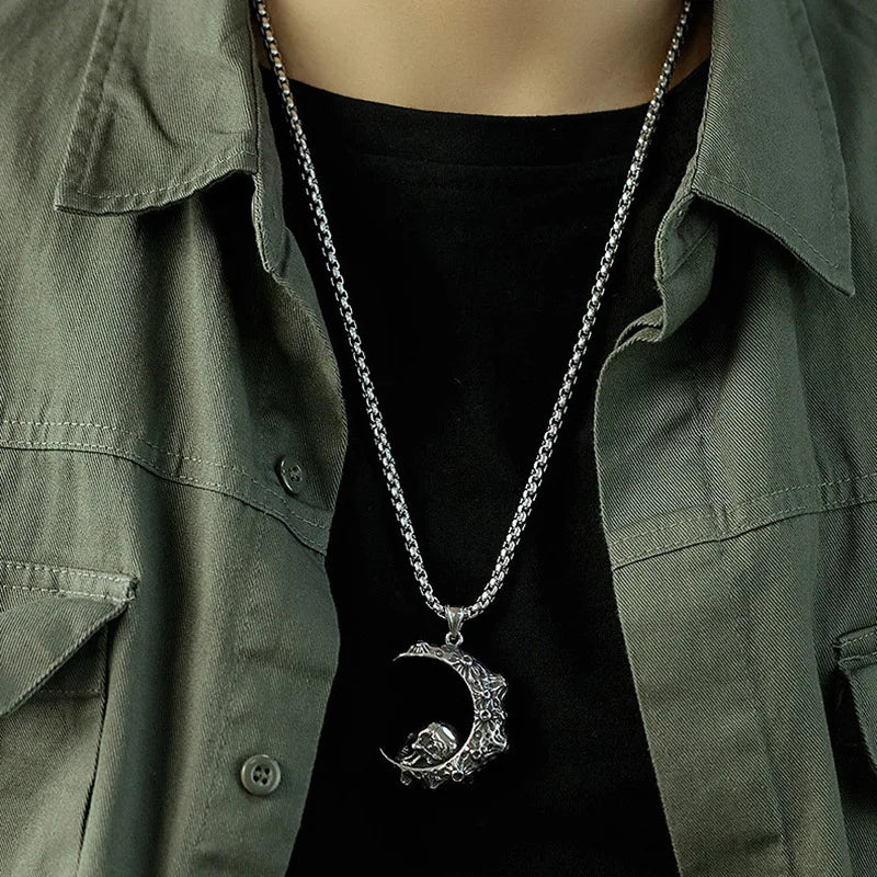 Moon Skull Pendant Necklace — 316L Stainless Steel
