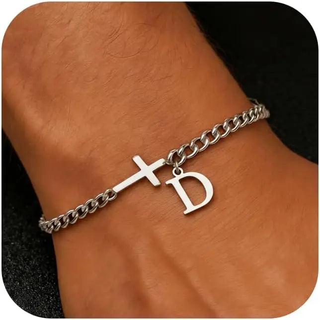 Men Cross Cuban Chain Bracelets for Men Initial A-Z Faith Cross Bracelets, Stainless Steel Initial Bracelet Religious