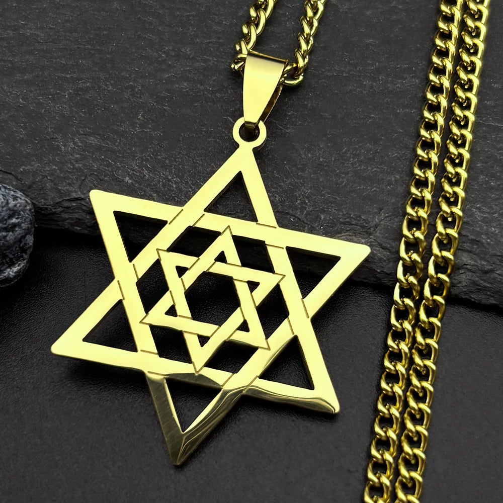 Hip Hop Star Of David Shield Hexagram Pendant Necklace for Men Fashion Stainless Steel Gold Color Chain Star Shape Jewelry Gift