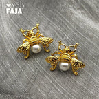 Gold Bee Pearl Stud Earrings — Stainless Steel