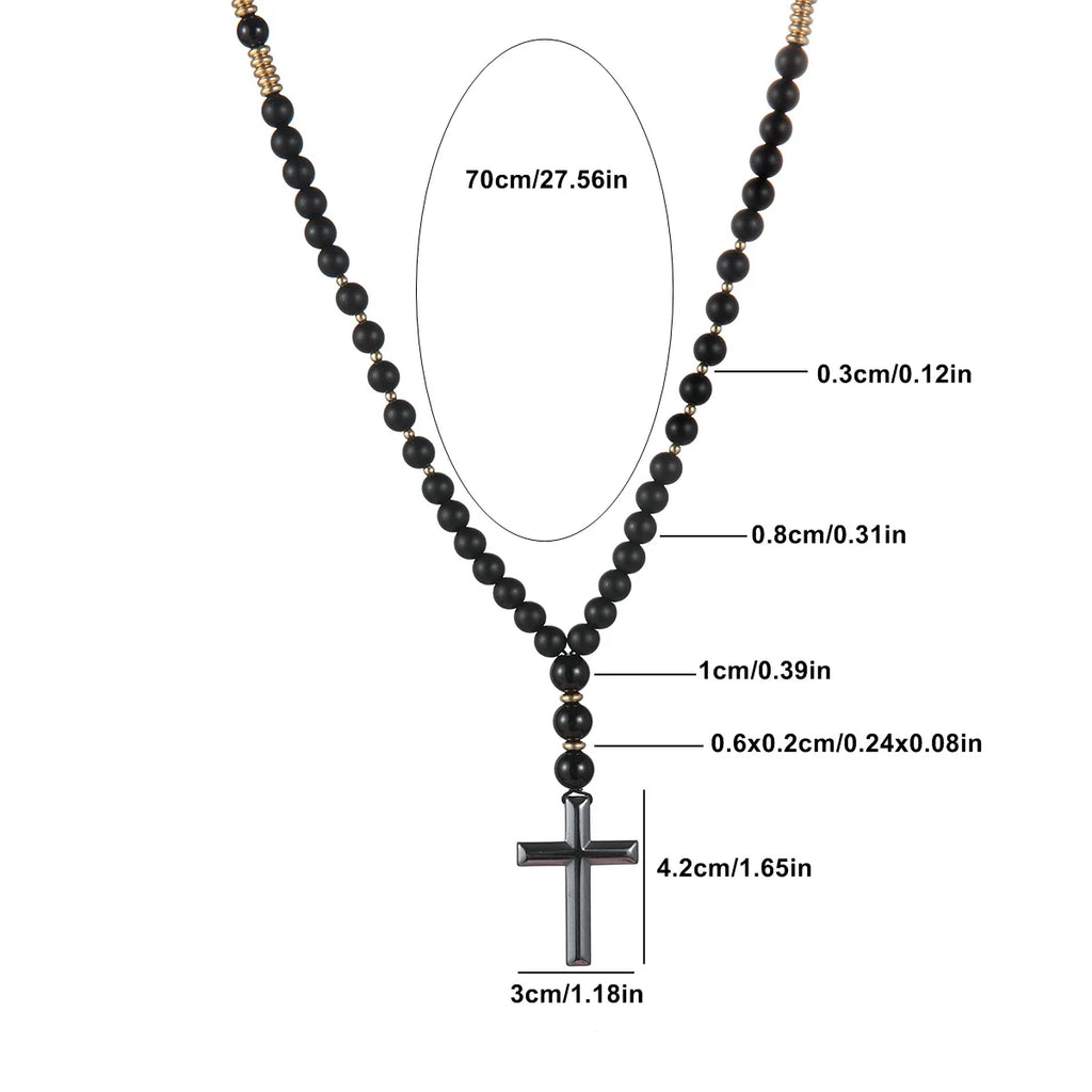 Black Bead Gold Spacer Cross Pendant Necklace — Two-Tone