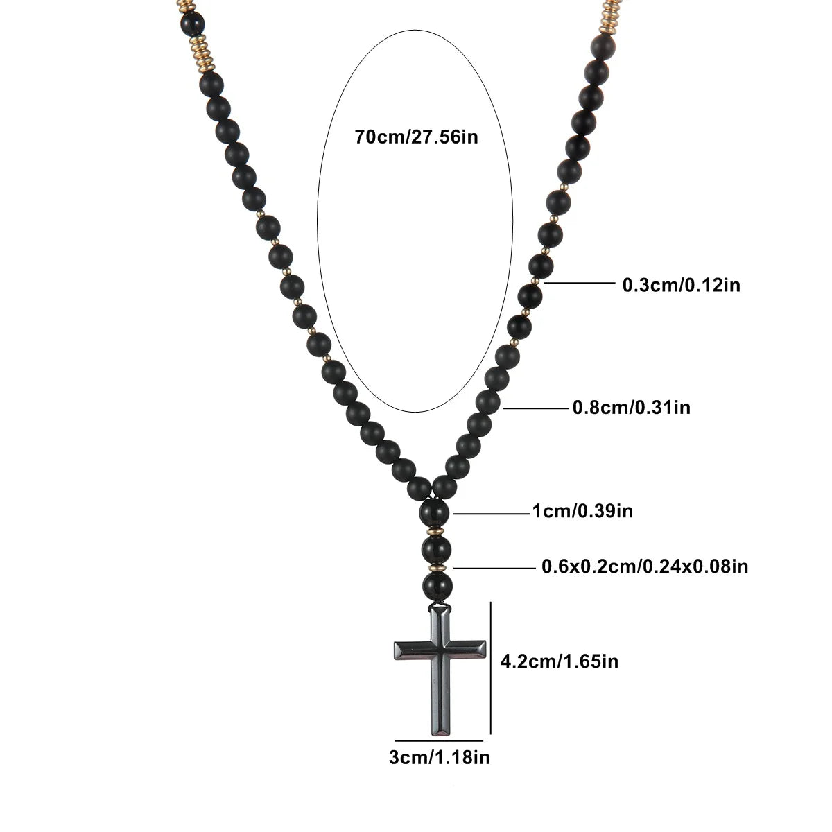 Cool Black Round Beads with Golden Color Spacer Beaded Cross Pendant Necklace for Men and Women