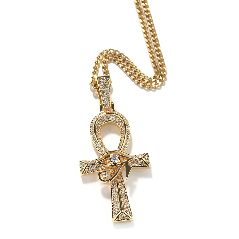 THE BLING KING Iced Eye of Horus Ancien Egypt Ankh Pendant Necklace Big Vintage Zirconia Cross Key Of Life Guardian Jewelry Gift