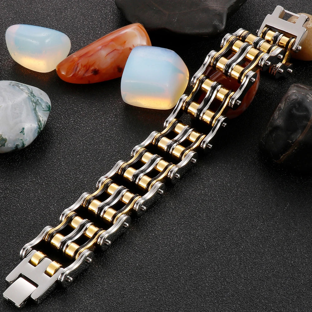 Punk Rocker Bikers' Bracelet for Man 24MM Width Stainless Steel Bicycle Link Chain Men's Bracelets Wristband Jewelry