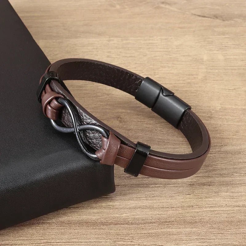Vintage Punk Hand Woven Three Layer Leather Black Beaded Bracelet Magnetic Bracelet Clasp Men\\'s Charm Business Event Jewelry