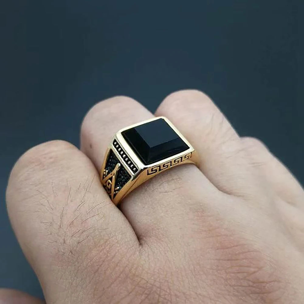 Vintage Black Square Rings For Men Women 316L Stainless Steel Gothic Fashion Masonic Letter G Ring Biker Jewelry Accessories