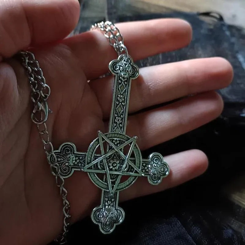 Inverted cross necklace, Gothic jewelry, Pentagram, Retro, Pagan, Witchcraft, punk, Carved cross Charm, Choker For