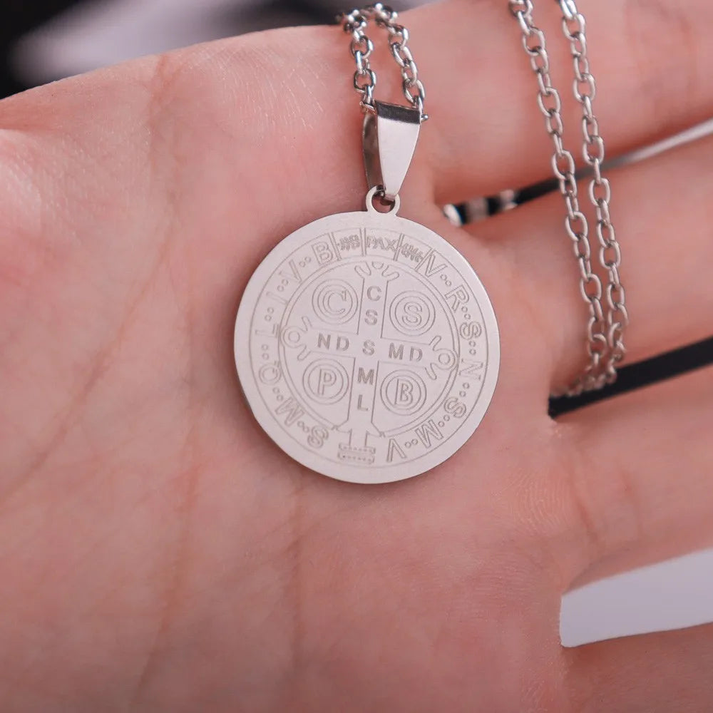 Vintage Coin Catholic Priest Saint Benedict Exorcism Pendant Necklace Jesus Round Pendant Chain for Men's Jewelry 2026