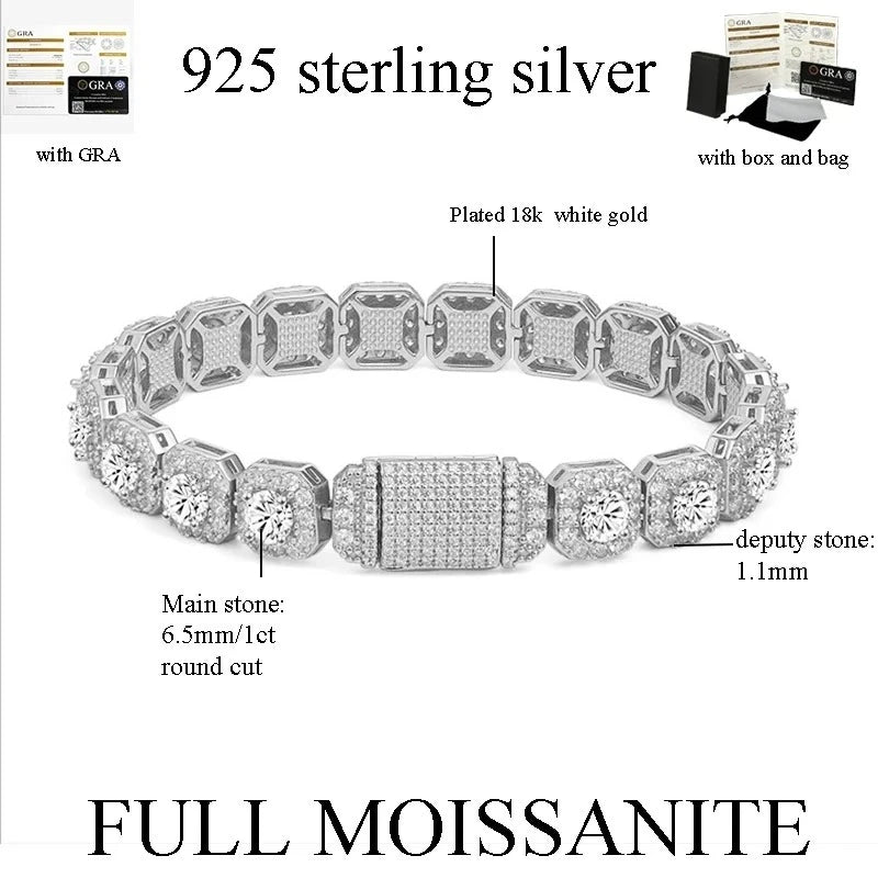 TBCYD 4-6.5mm Full Moissanite Iced Tennis Bracelet for Men Women 925 Silver Square Cuban Link  Hip Hop Plated 18k Luxury Jewelry