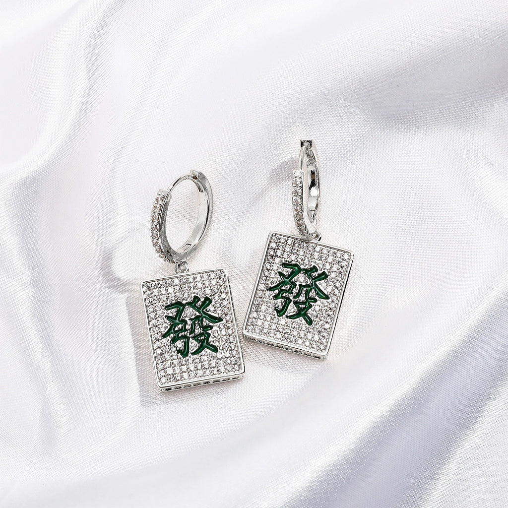 Iced Out Mahjong Dangle Earrings CZ