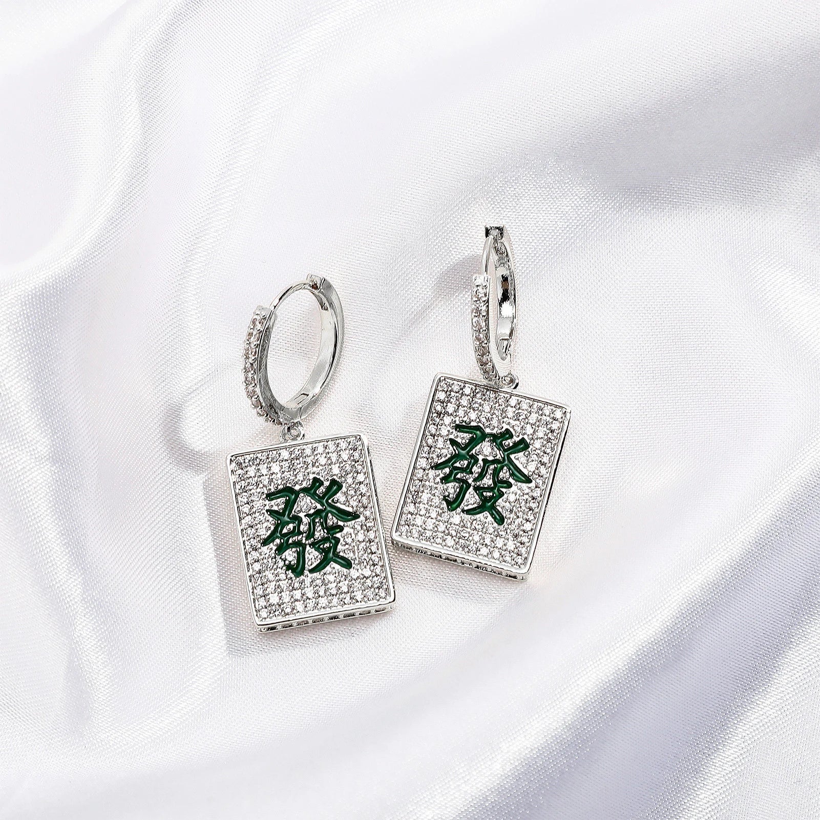 Iced Out Mahjong Dangle Earrings CZ