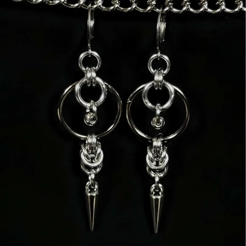 Silver-Tone Spike Rivet Tassel Double Circle Dangle Earrings