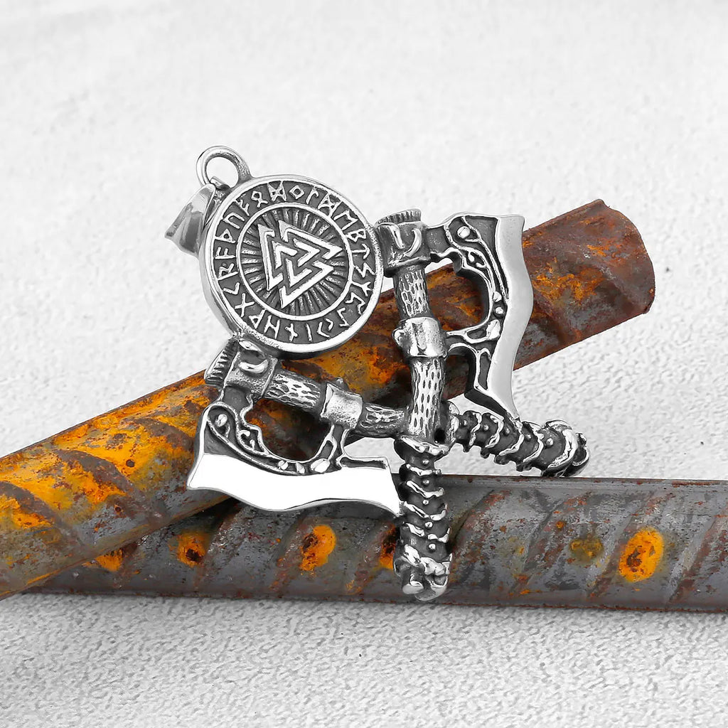 Men Vikings Ax Necklace for Man Never Fade Norse Rune Axe Thor Hammer Mjolnir Slavic Amulet Self-defense Pendant Male