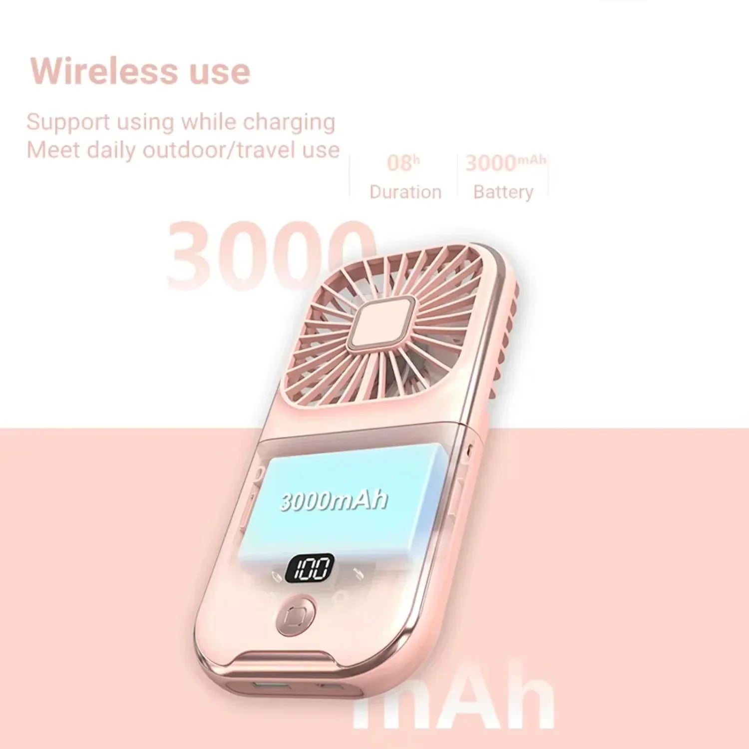 3000mAh battery powered mini outdoor portable USB neck fan rechargeable 180 ° folding wireless desktop fan，gift