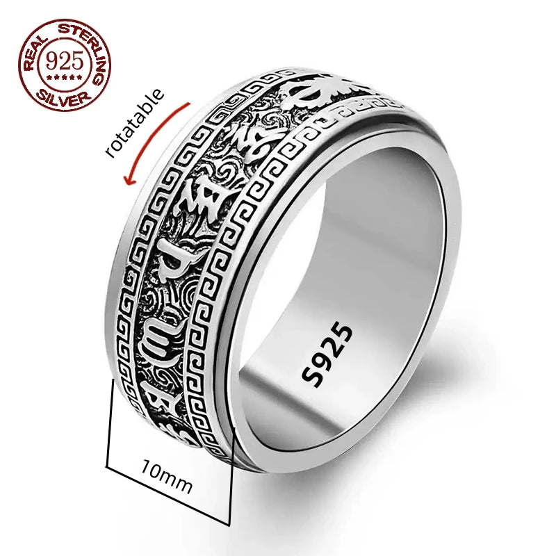 Handmade 12mm Width Real S925 Sterling Silver Lucky Dragon Double Layer Rotatable Closed Dragon Ring For Man Woman Fine