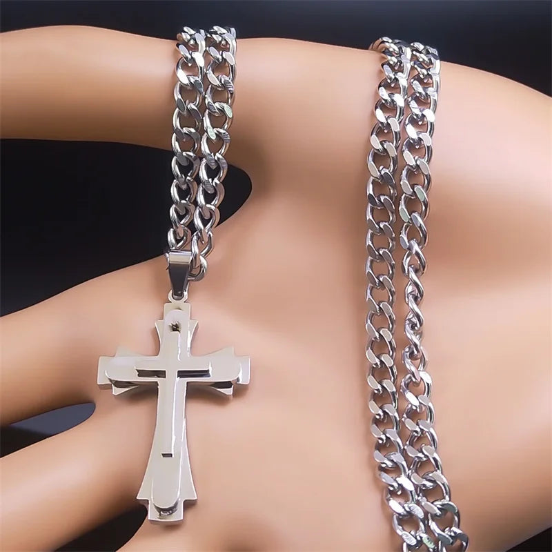 Cross Layered Pendant Necklace — Stainless Steel