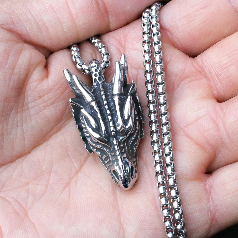 Silver Dragon Head Pendant Necklace Stainless Steel