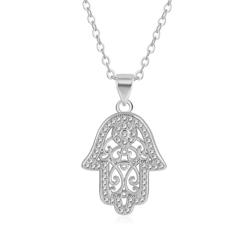Iced Evil Eye Hamsa Pendant Necklace — Gold-Tone