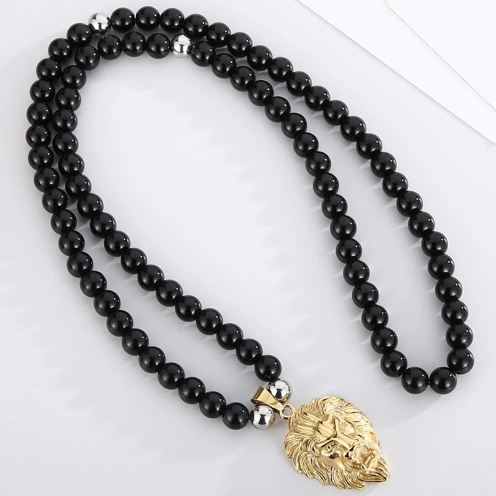 Steampunk Lion Head Pendant Necklace for Men With 66CM Agate Beads Chain Black Gold Color Hiphop Jewelry Bold Statement