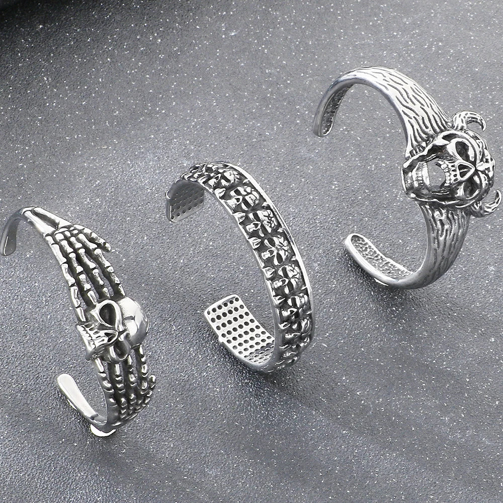 Cool Gothic Viking Skull Head Bracelet for Men Solid Stainless Steel Bangle Bracelets Opening Cuff Punk Rock Jewelry