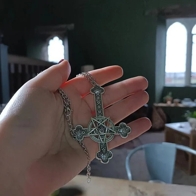 Inverted cross necklace, Gothic jewelry, Pentagram, Retro, Pagan, Witchcraft, punk, Carved cross Charm, Choker For
