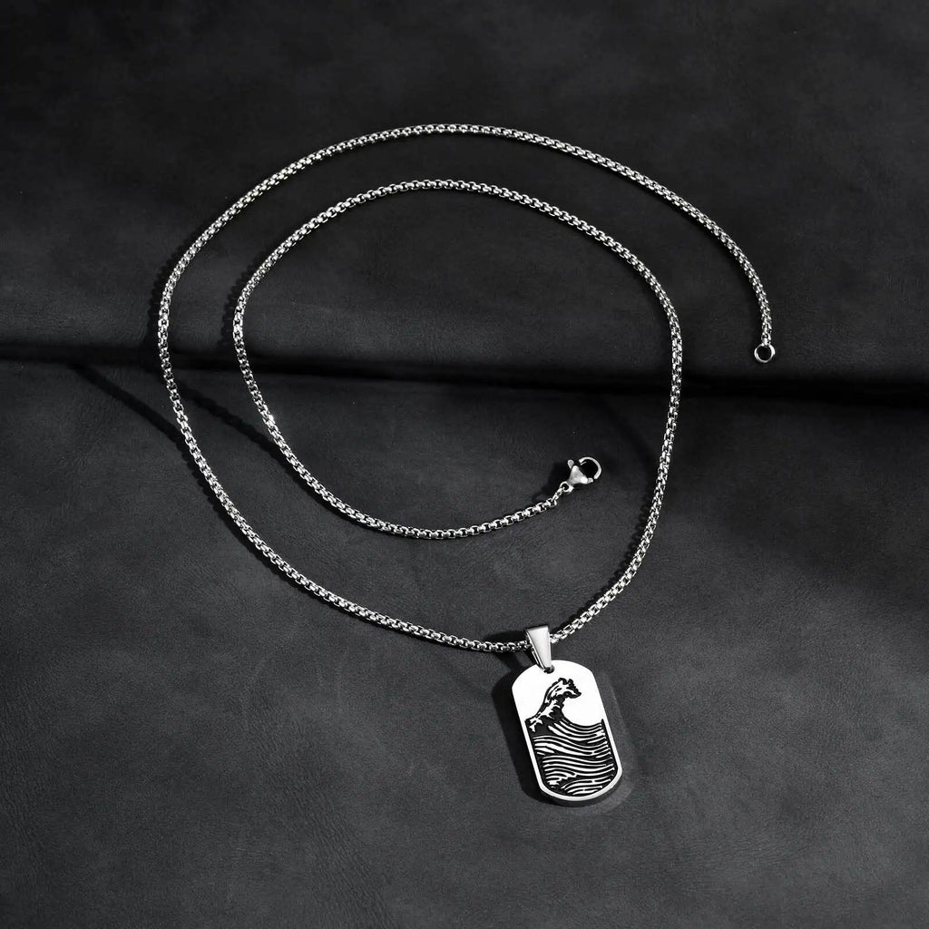 Punk Sea Wave Dog Tag Necklace for Men,Stainless Steel Black Oill Sailboat Military Pendant,Gift to Husband Son Dad