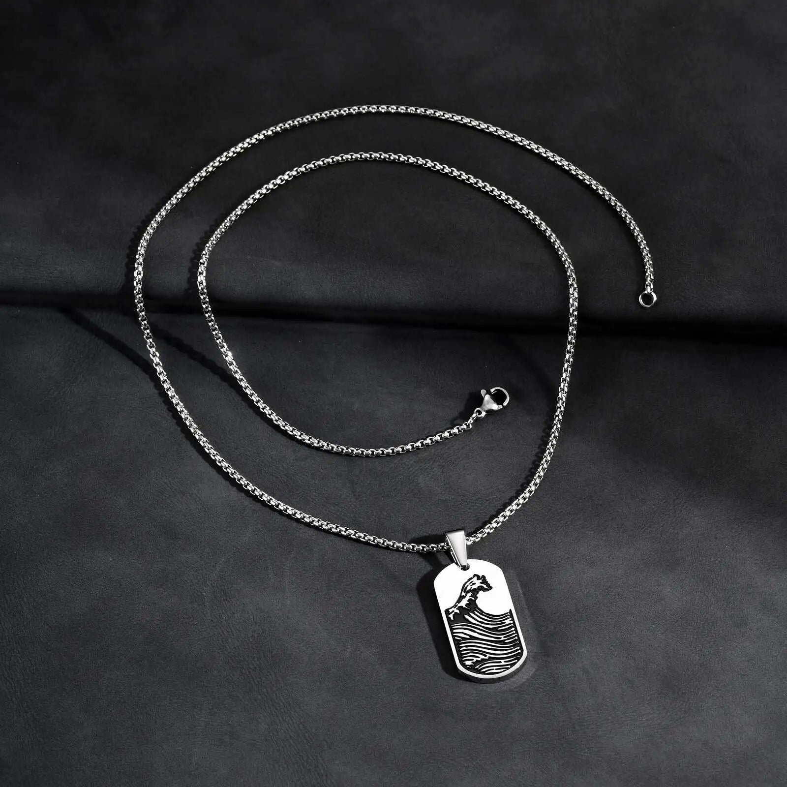Punk Sea Wave Dog Tag Necklace for Men,Stainless Steel Black Oill Sailboat Military Pendant,Gift to Husband Son Dad