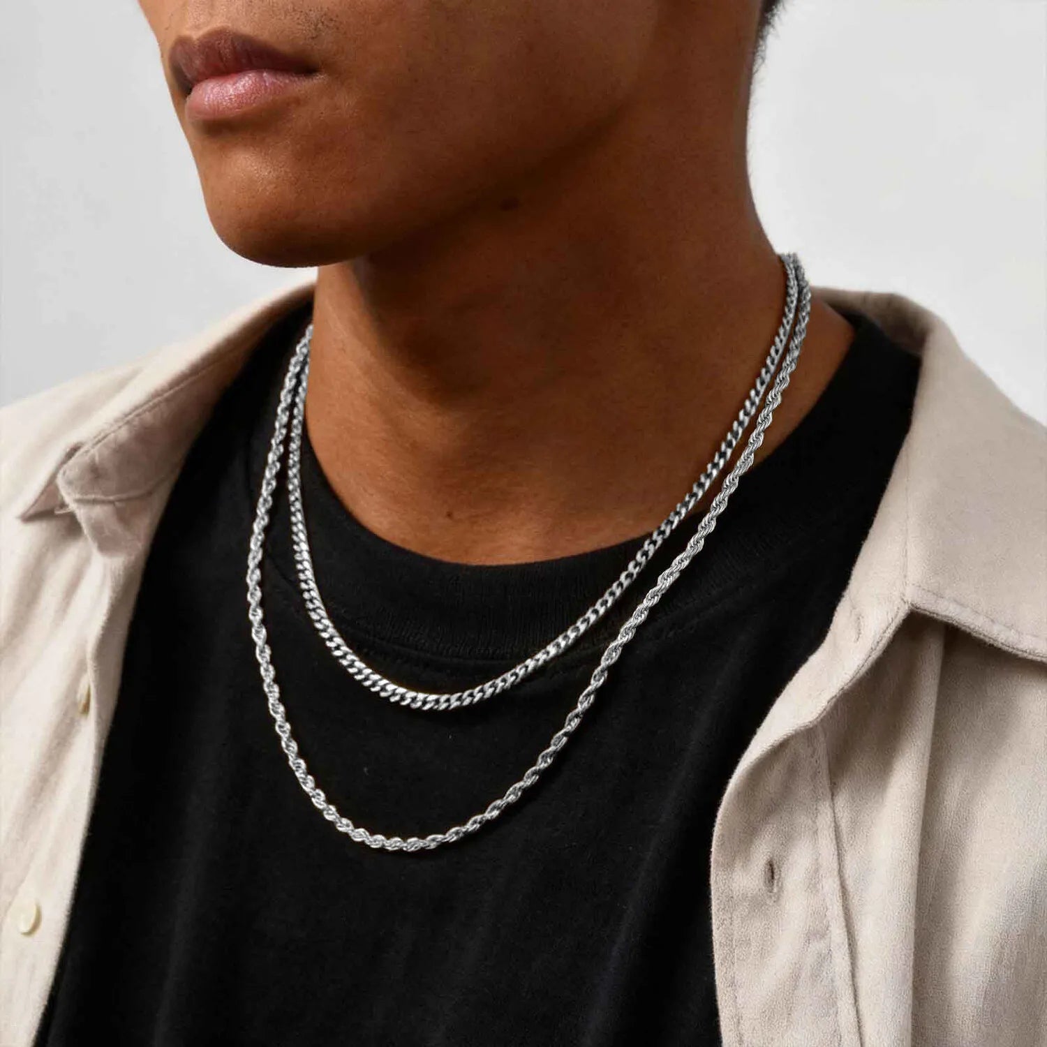 Two-Tone Cuban Box Rope Chain Necklace Set